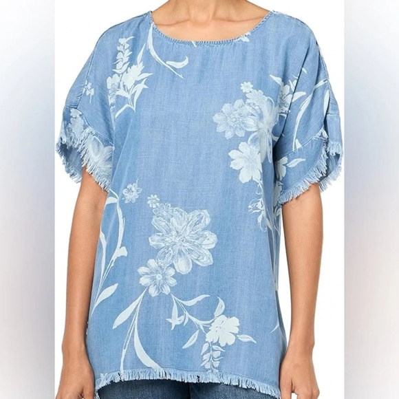 TRU LUXE Jeans Raw Hem Fringe Chambray Floral Damask Print Longline Tunic Shirt - Picture 1 of 10